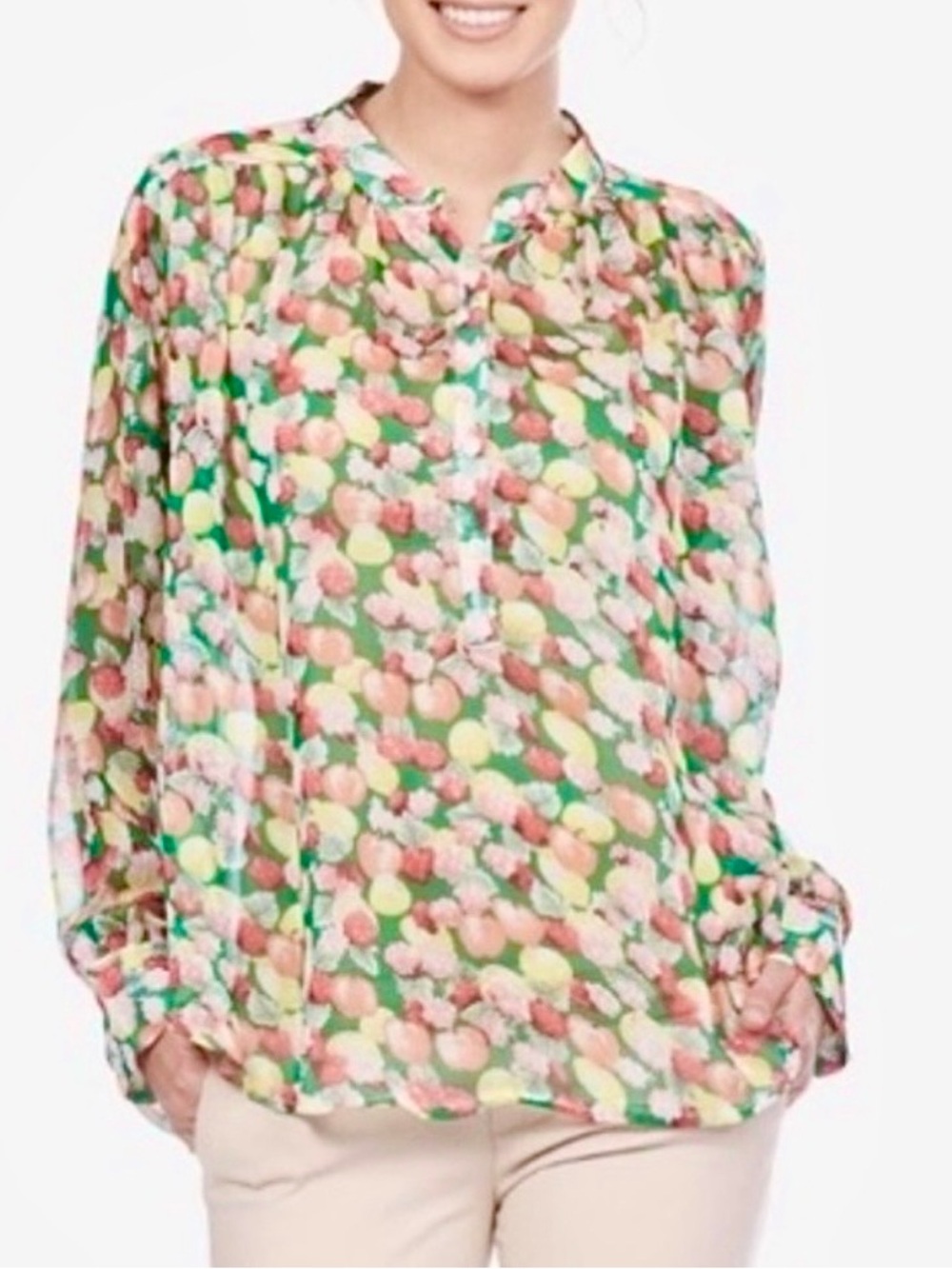 I.Madeline Sheer Fruit Pattern Button Front Long Sleeve Relaxed Oversized Blouse